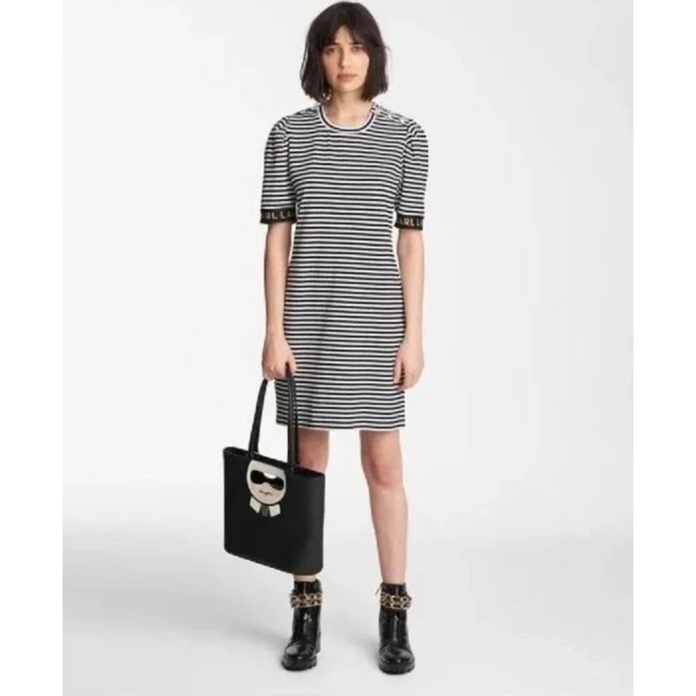 Karl Lagerfeld Paris‎ Striped Logo Tape Puff Sleeve Tshirt Dress Sz XS
